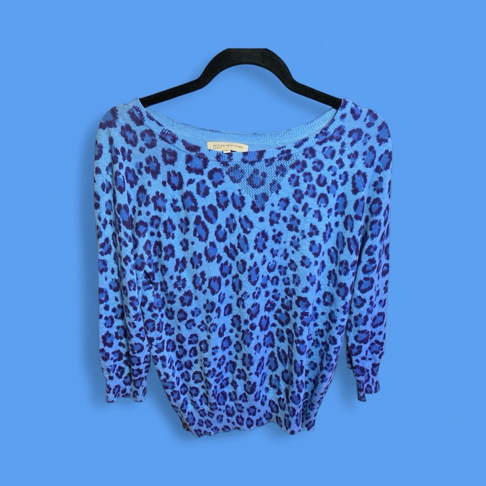 Jones New York Sport Women’s Sweater Blue Leopard Print 3/4 Sleeve Size S - Picture 6 of 7